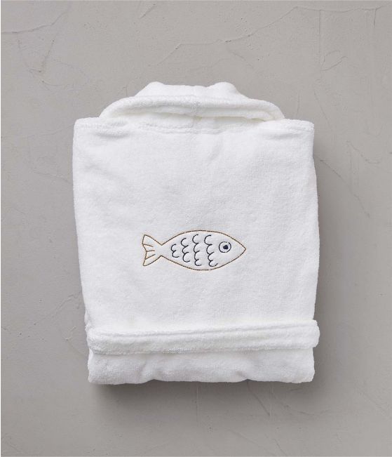 Unisex embroidered bathrobe Happy fish white