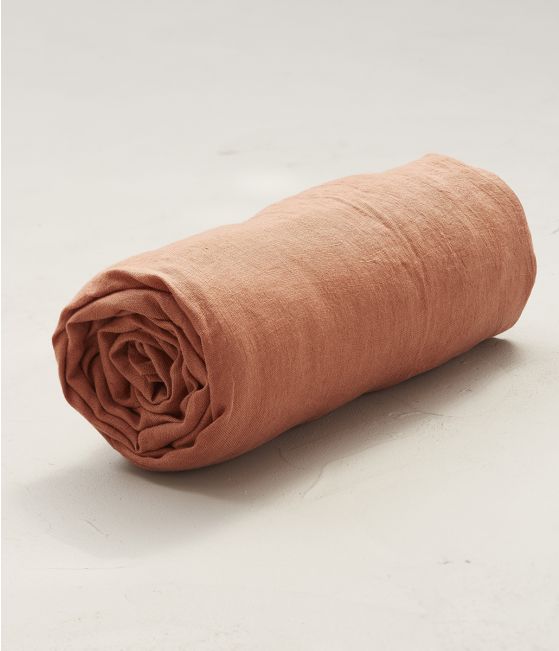 Orange terracotta stone washed linen fitted sheet