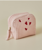 Trousse brodée en nid abeille Jolis coeurs rose