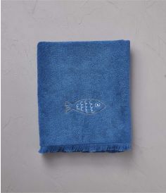 Drap de bain brodé 100x150 cm Happy fish bleu