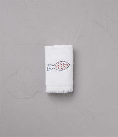Serviette invité brodée 30x50 cm Happy fish blanc