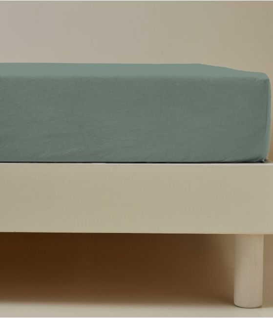 Drap housse percale lavée Vert sauge