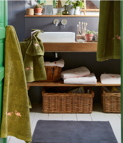 Parure de bain brodée Les voyageurs vert mousse