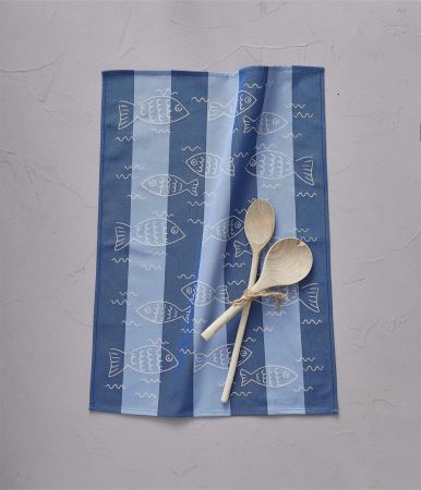 Torchon jacquard Happy fish bleu